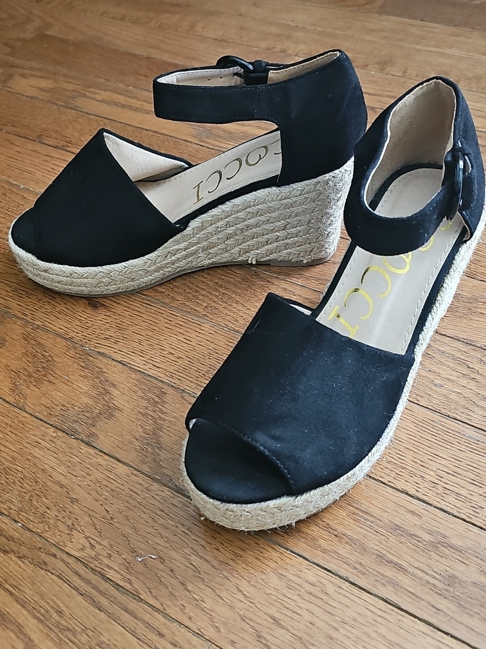 CCOCCI Black Espadrille Wedge Sandals with Ankle Strap 8.5